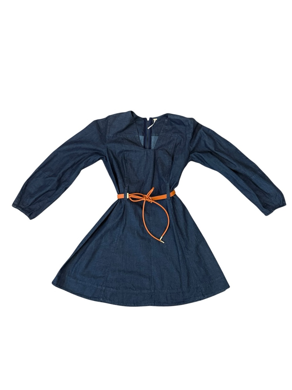 Free People Blue Long-Sleeve Mini Dress with Brown Waist Tie - Picture 11 of 14